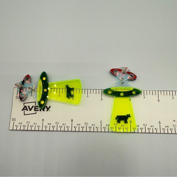 Alien Cow Spaceship Earrings - Neon Green and Black - Pierced - Picture 3 of 8